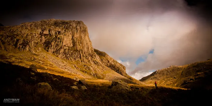Niel Carnige looks up at the impressive Esk Buttress.