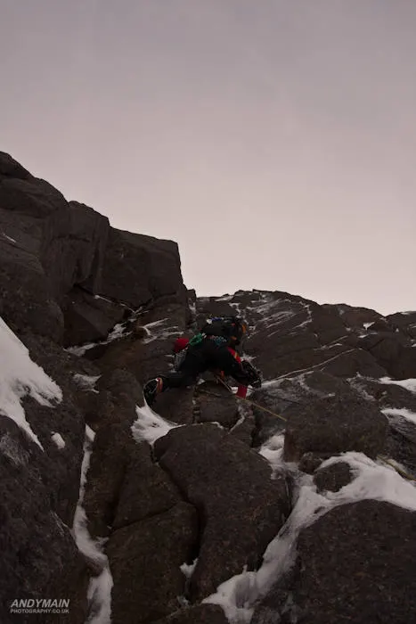 Niel Silver tackels the crux pitch of the classic Coire an t'Sneachda IV,6 *** mixed route, "The Message".